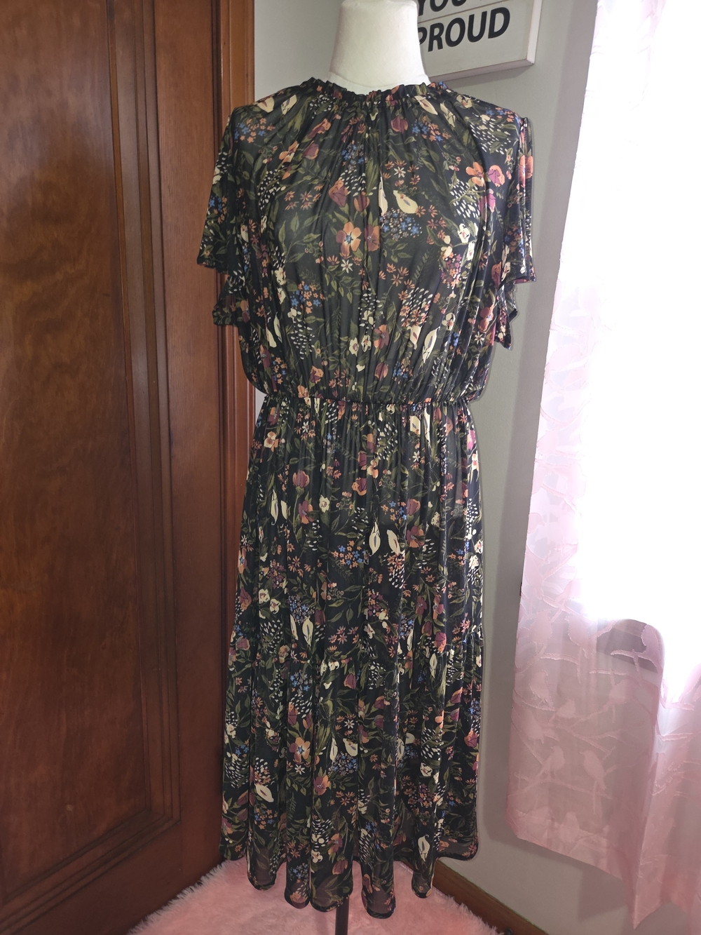 Ava & Viv Olive Green And Brown Floral Midi Dress with Flutter Sleeves